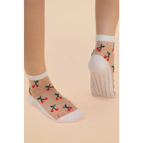 SC10033A-1 W Very J Cherry Embroidered Mesh Ankle Socks White One Size - Picture 3 of 4